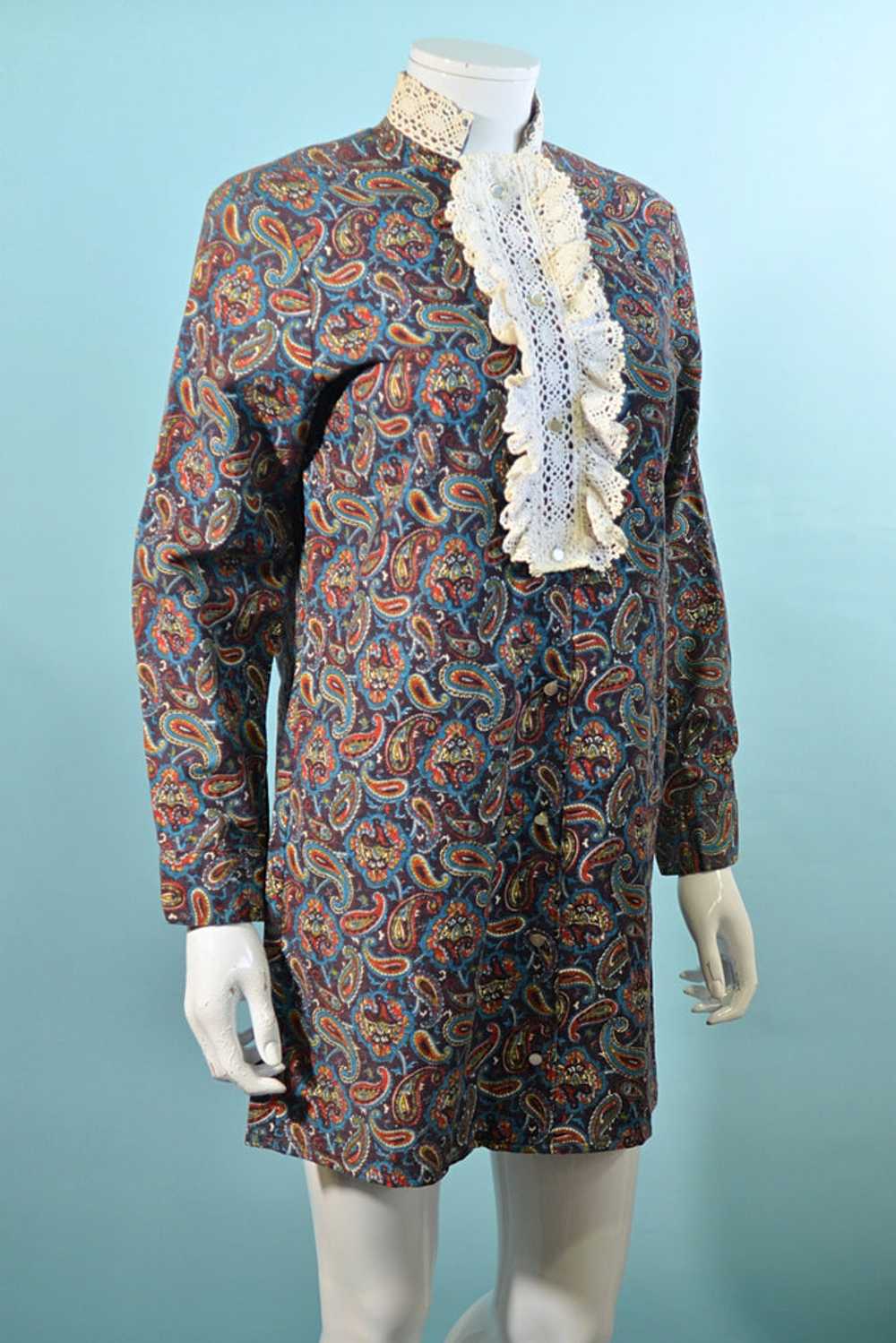 60s Mod Mini Dress, Lace & Paisley Print Dress, C… - image 8