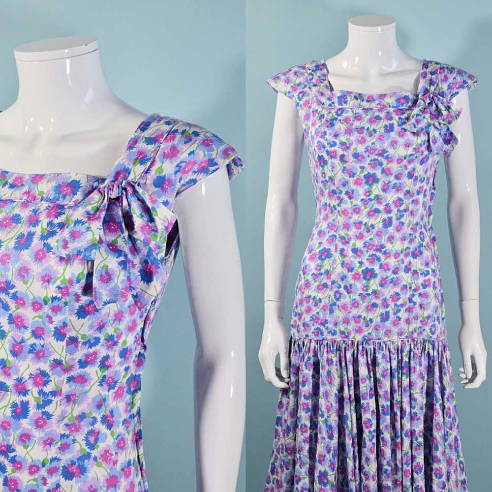 Vintage 50s Floral Print Drop Waist Dress w/Bows … - image 12