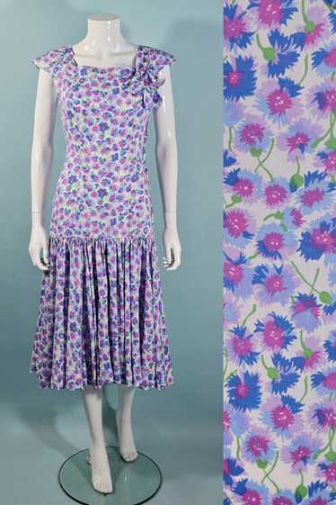 Vintage 50s Floral Print Drop Waist Dress w/Bows … - image 1