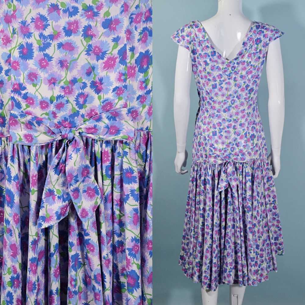 Vintage 50s Floral Print Drop Waist Dress w/Bows … - image 4