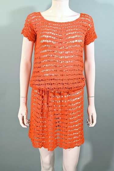 Vintage 60s Orange Crochet Mod Shift Mini Dress, B