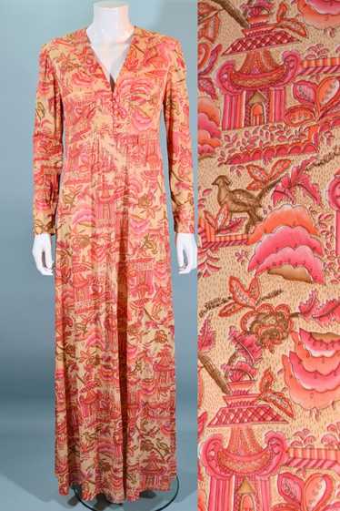 Vintage 70s Maxi Dress Long Sleeves, Asian Print B