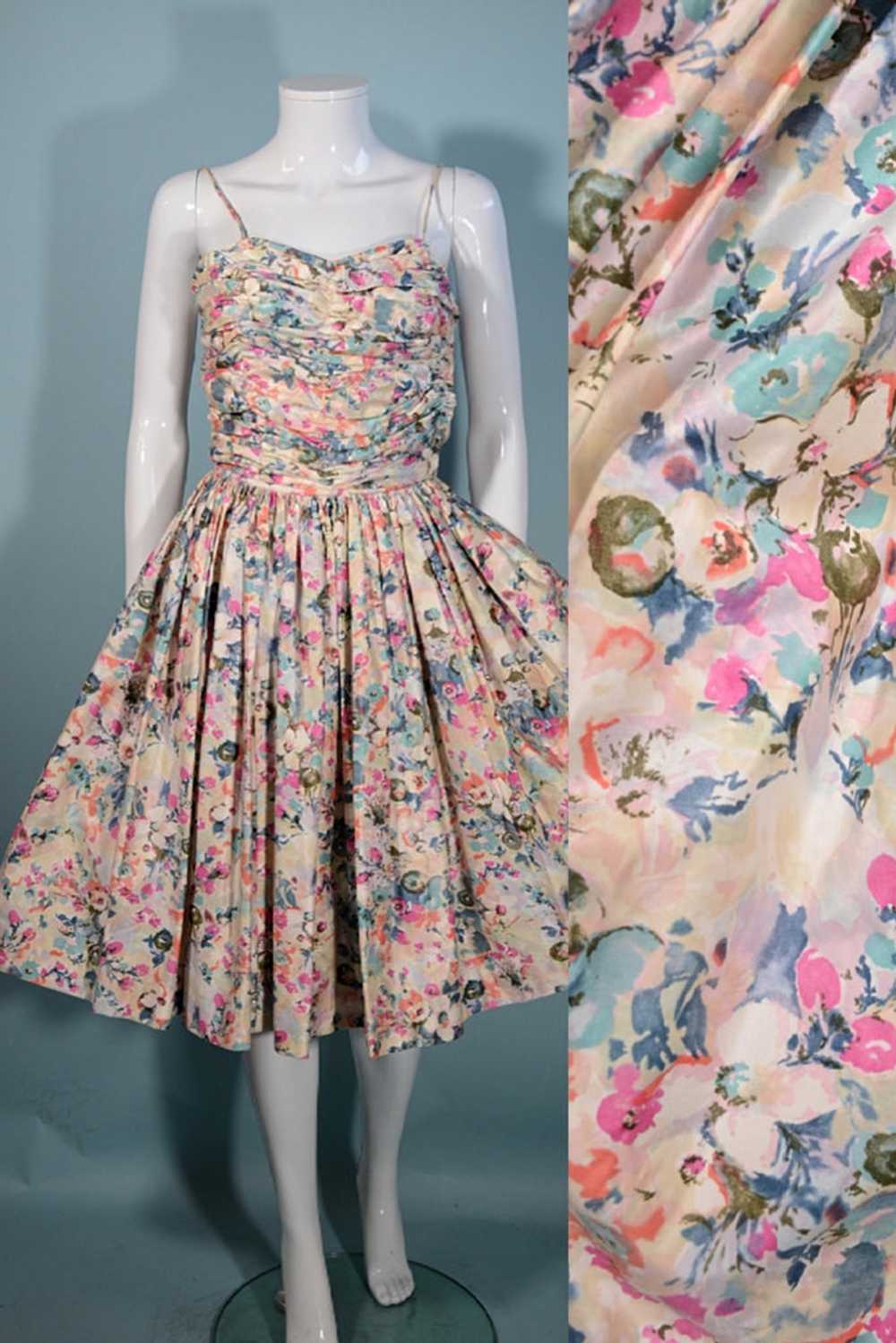 Vintage 50s Fit + Flare Pink Floral Full Skirt Dr… - image 1