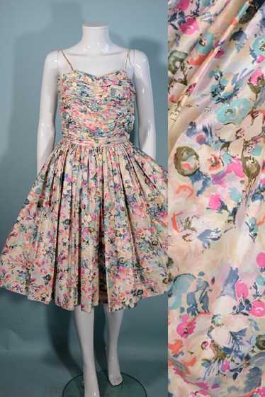 Vintage 50s Fit + Flare Pink Floral Full Skirt Dr… - image 1