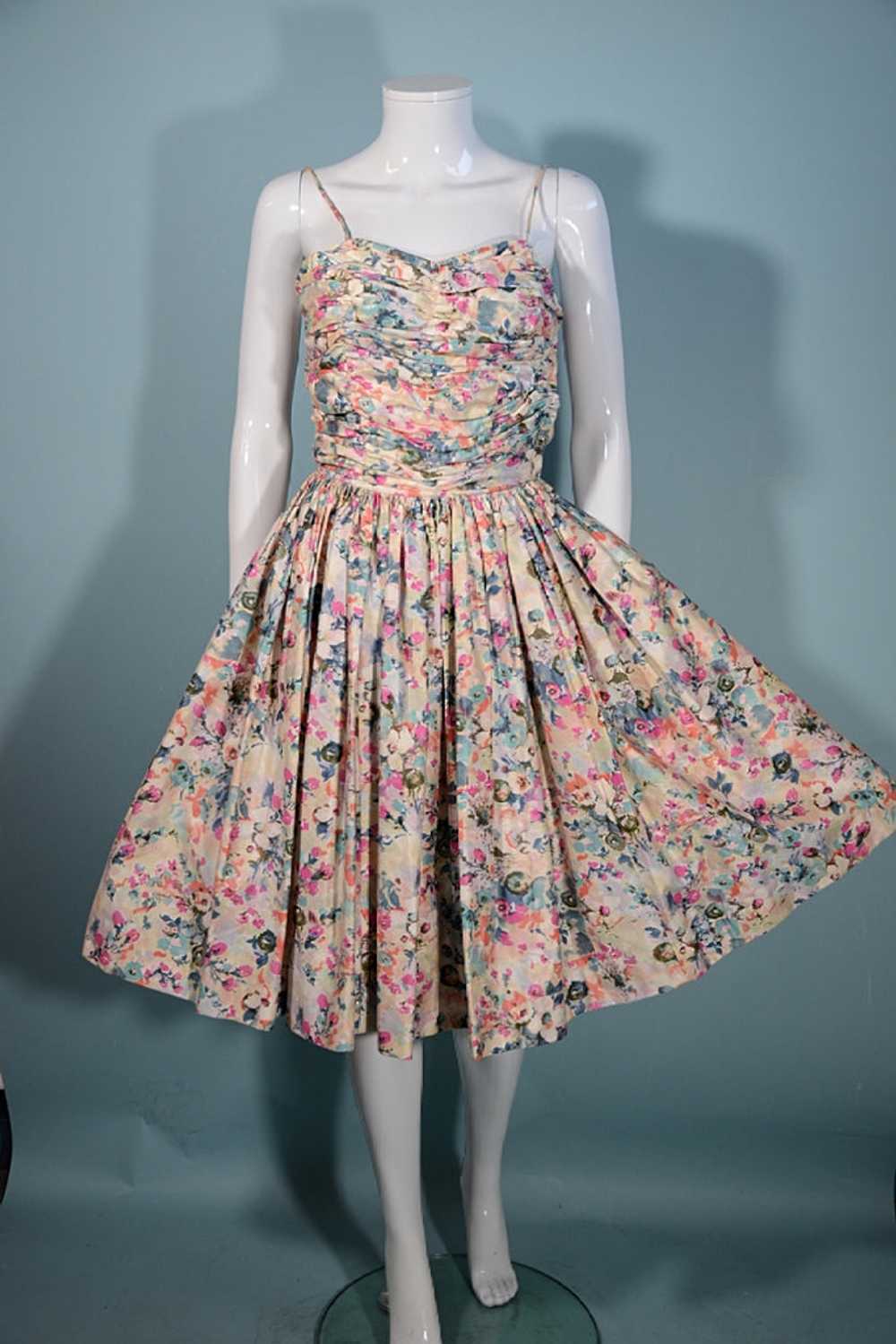 Vintage 50s Fit + Flare Pink Floral Full Skirt Dr… - image 3