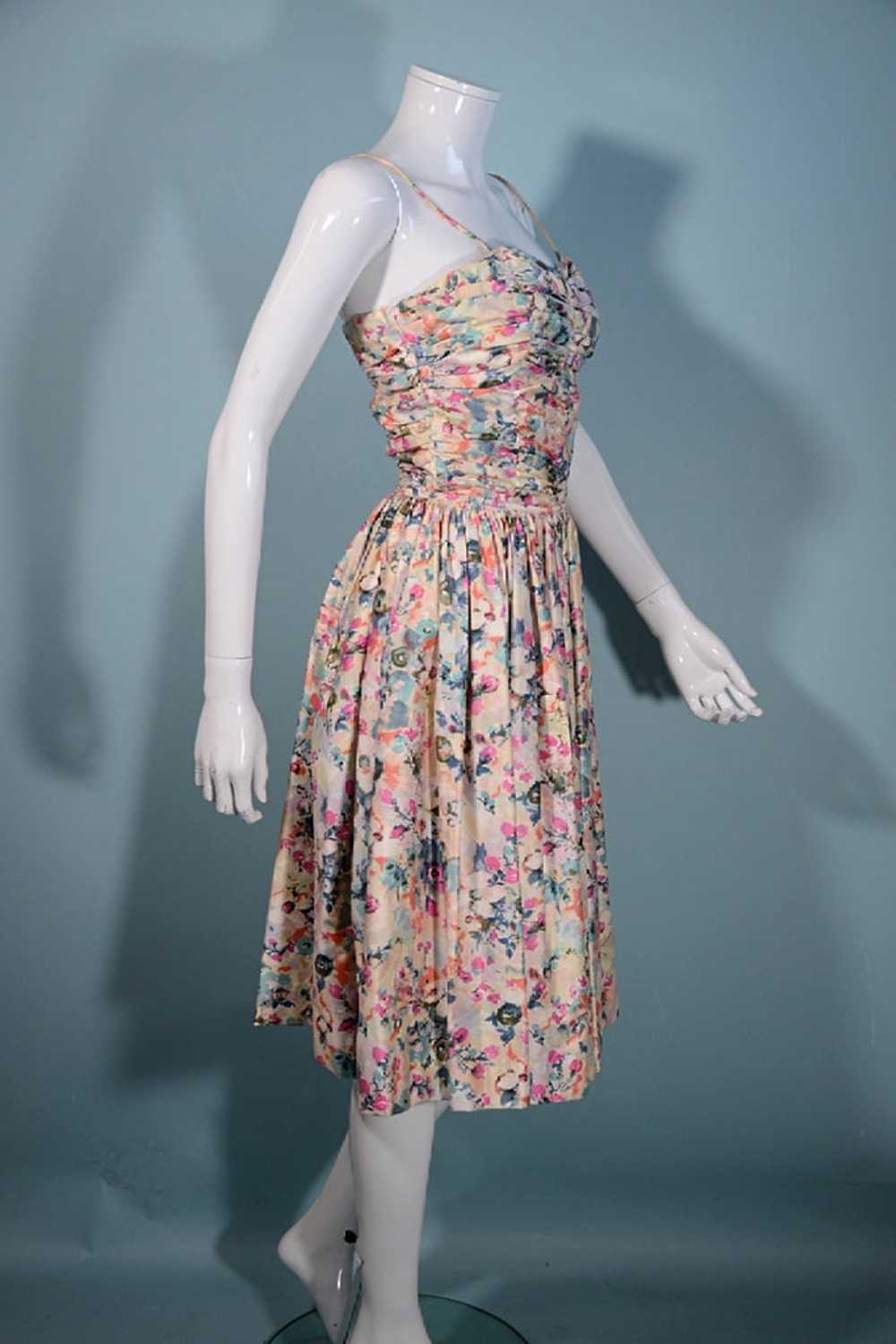 Vintage 50s Fit + Flare Pink Floral Full Skirt Dr… - image 5