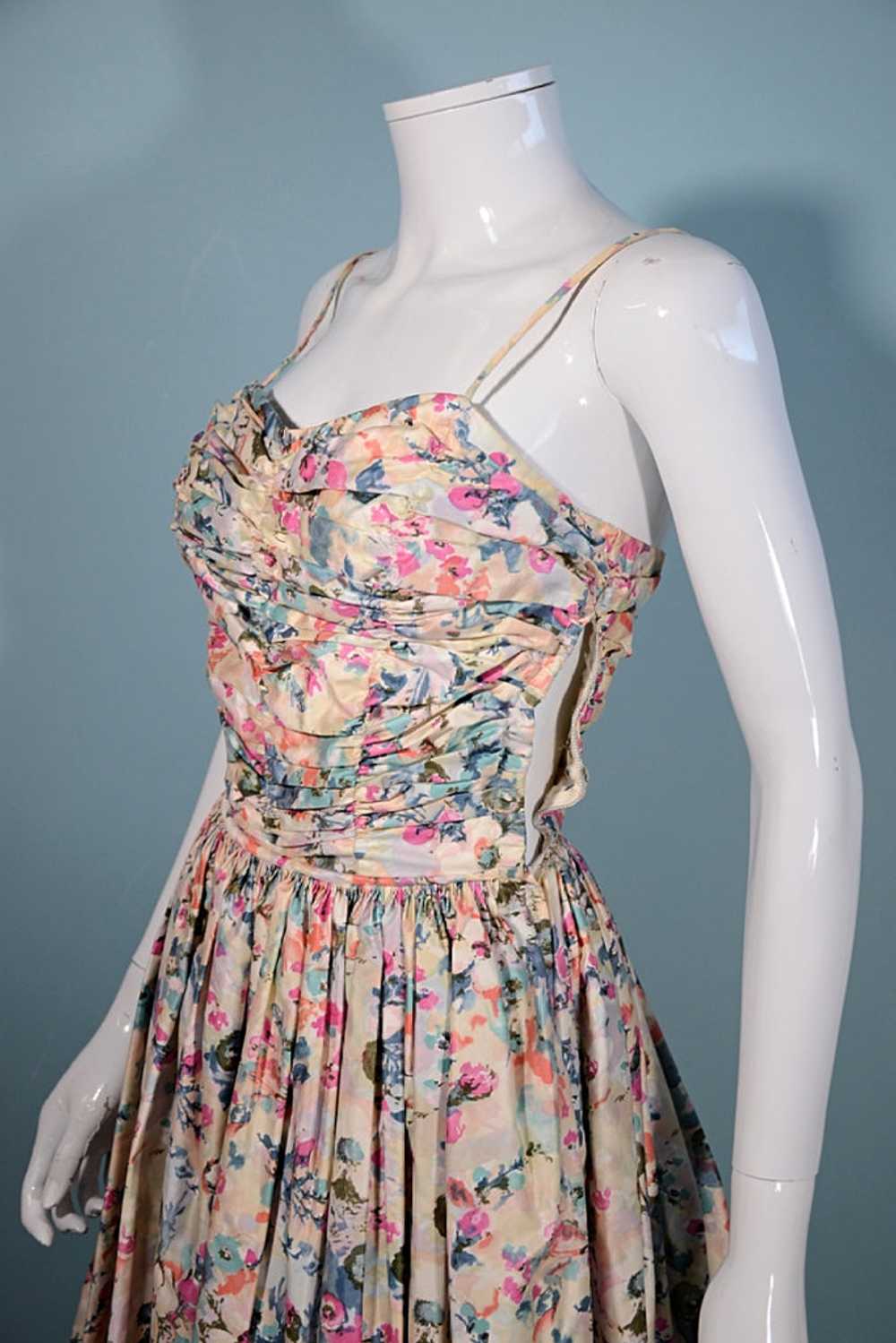 Vintage 50s Fit + Flare Pink Floral Full Skirt Dr… - image 7