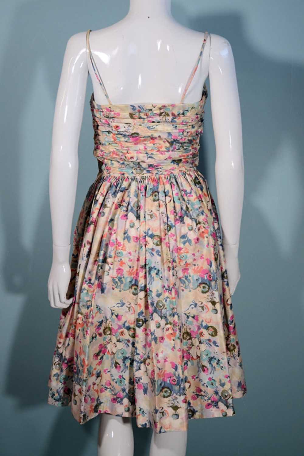 Vintage 50s Fit + Flare Pink Floral Full Skirt Dr… - image 8