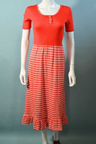 1960s Red Gingham Cottagecore Knit Midi Dress M