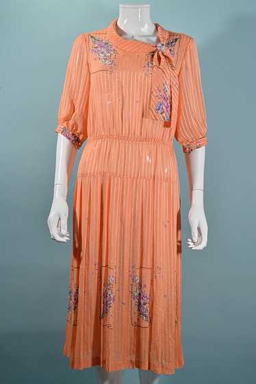Vintage 70s Does 30s Floral Print Dress, Peach Se… - image 1