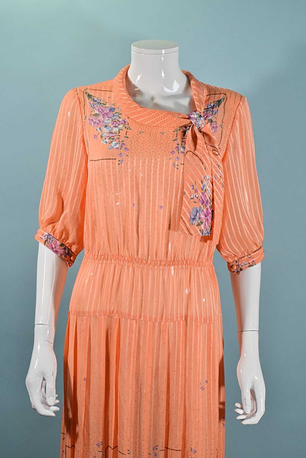 Vintage 70s Does 30s Floral Print Dress, Peach Se… - image 3