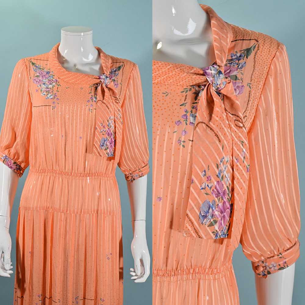 Vintage 70s Does 30s Floral Print Dress, Peach Se… - image 6