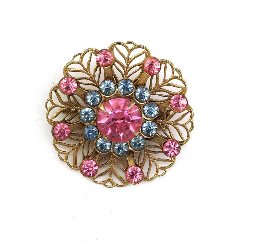 Vintage 1950s Blue Topaz and Pink Rhinestone Open… - image 1