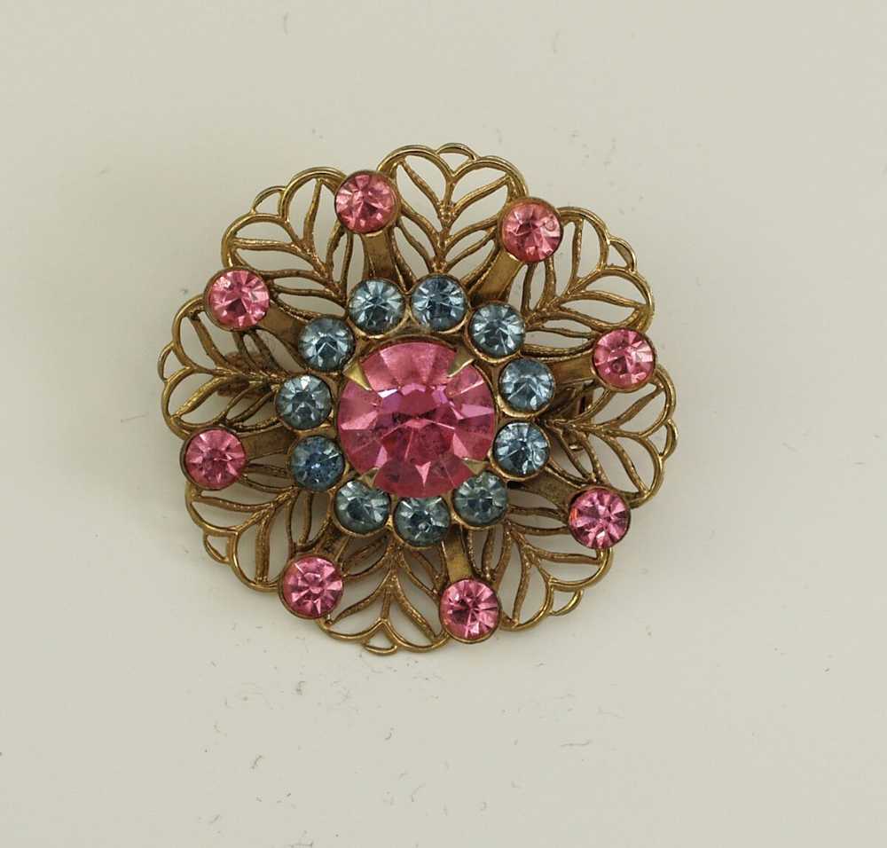 Vintage 1950s Blue Topaz and Pink Rhinestone Open… - image 2