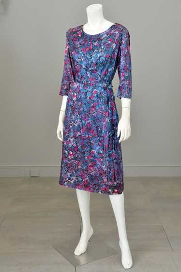 1940s Satin Impressionist Floral Dress with Fring… - image 1
