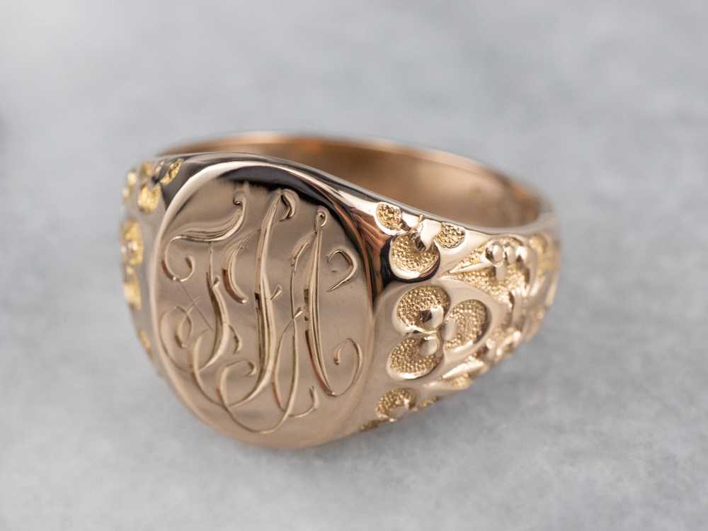 Ornate Gold "TJA" Engraved Signet Ring - image 3