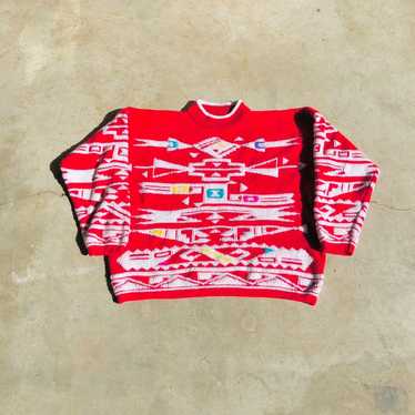 vintage 90s red abstract knitted sweater - image 1
