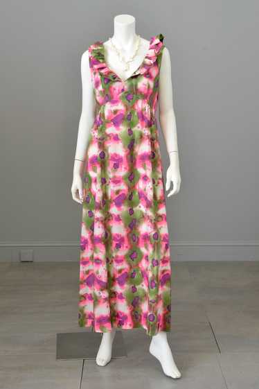 1960s 70s Hot Pink, Olive Green, Purple Watercolo… - image 1