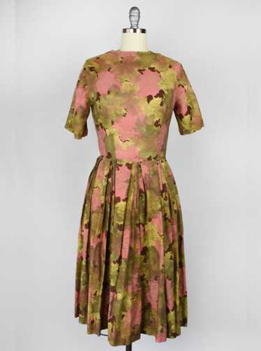Pink and Green 1950's Autumn Leaf Print Swing Dres