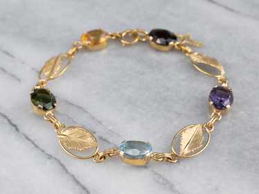 Multi Gemstone Botanical Gold Link Bracelet - image 1