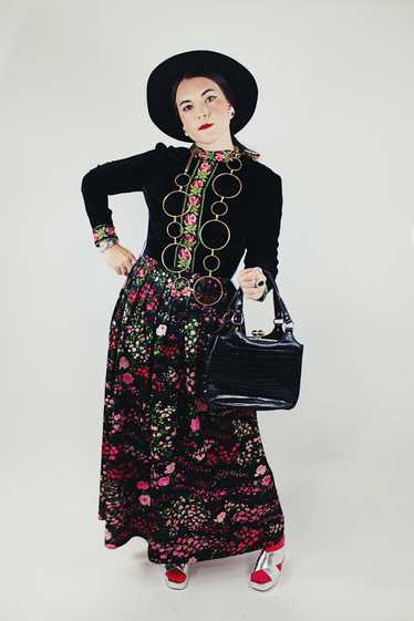 Velvet & Floral Print Maxi Dress
