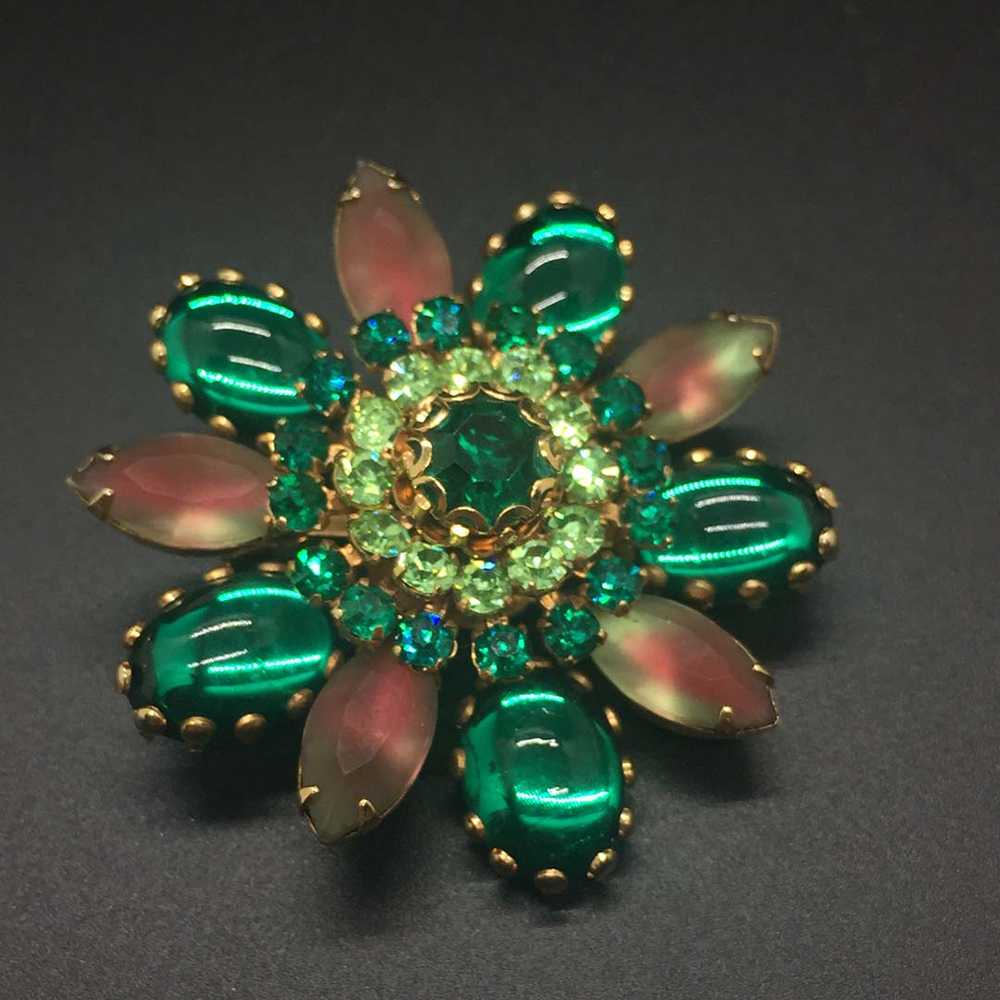 Fabulous Vintage Watermelon and Green Cab Brooch - image 2