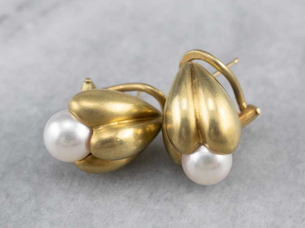 Botanical Brushed Gold Pearl Drop Earrings - image 2