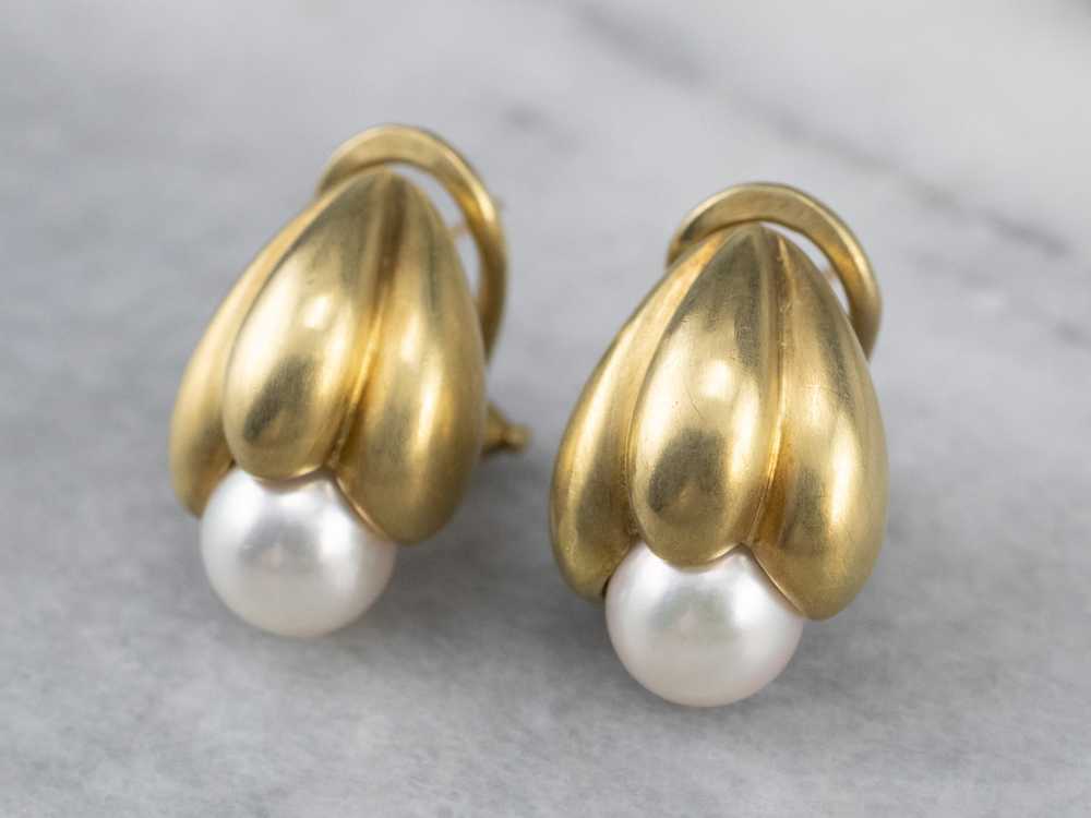 Botanical Brushed Gold Pearl Drop Earrings - image 3