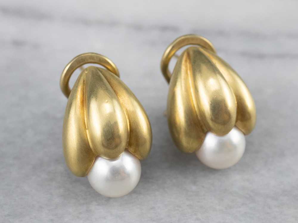 Botanical Brushed Gold Pearl Drop Earrings - image 4