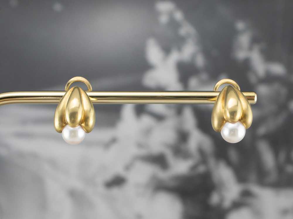 Botanical Brushed Gold Pearl Drop Earrings - image 8