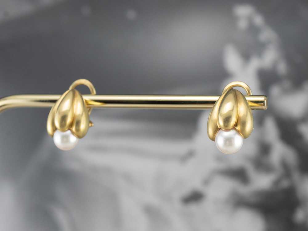 Botanical Brushed Gold Pearl Drop Earrings - image 9