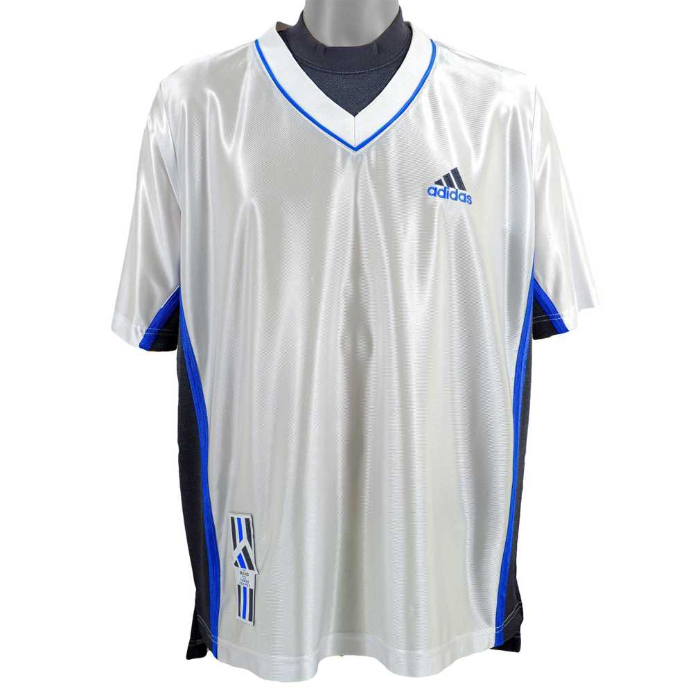 Adidas - White with Blue V-Neck T-Shirt 1990s X-L… - image 1