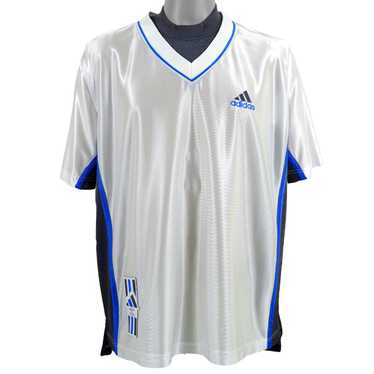 Adidas - White with Blue V-Neck T-Shirt 1990s X-L… - image 1