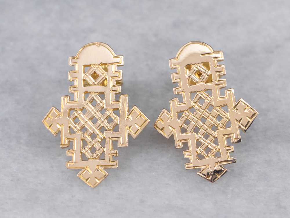 Etched Gold Ethiopian Cross Stud Earrings - image 2