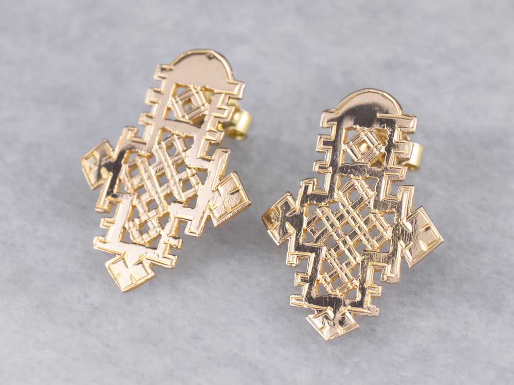 Etched Gold Ethiopian Cross Stud Earrings - image 3