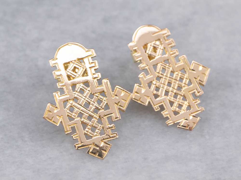 Etched Gold Ethiopian Cross Stud Earrings - image 4