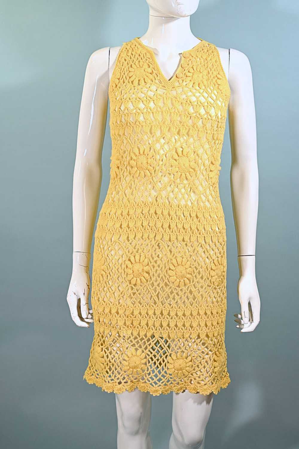 Vintage 60s Yellow Crochet Mod Mini Dress XS - image 3