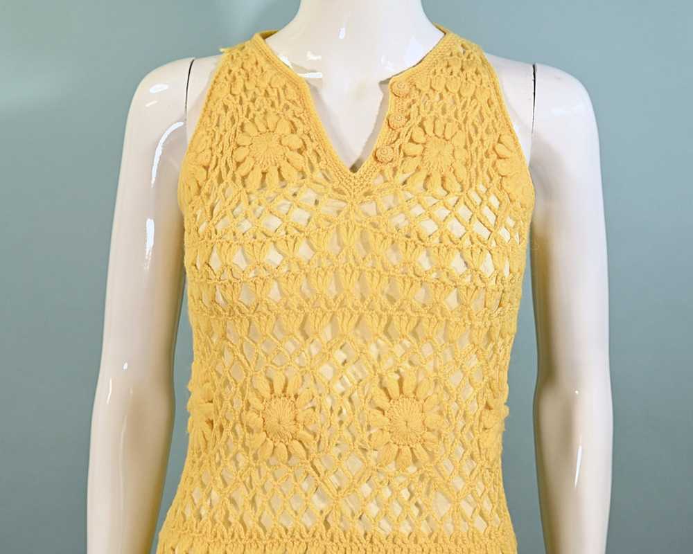Vintage 60s Yellow Crochet Mod Mini Dress XS - image 7