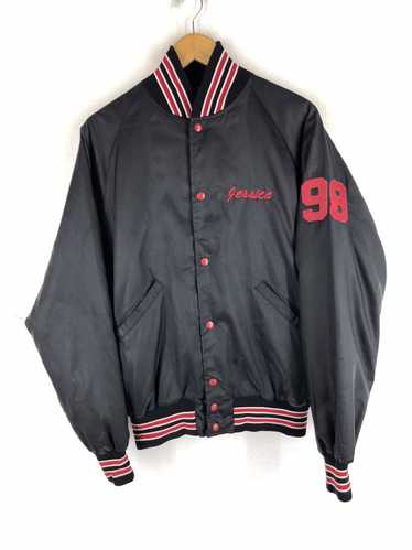 Vintage 1960s St. Louis Red Satin Bomber Jacket Snap Front Sewn