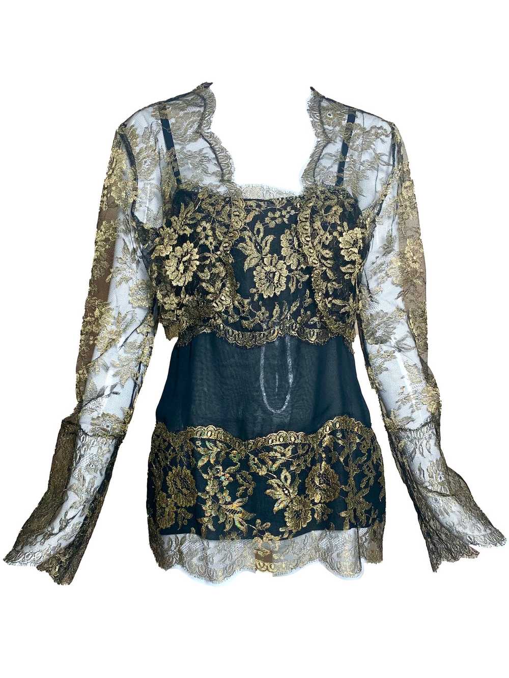 80s Gold Lame Lace Evening Blouse with Matching C… - image 2