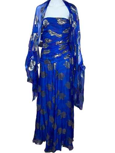 Scaasi 80s Blue Chiffon Strapless Gown with Matchi