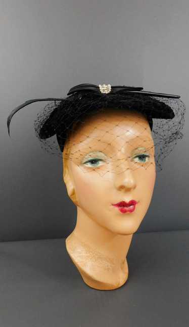 Vintage 1950s Black Velvet Hat with Feather, Black