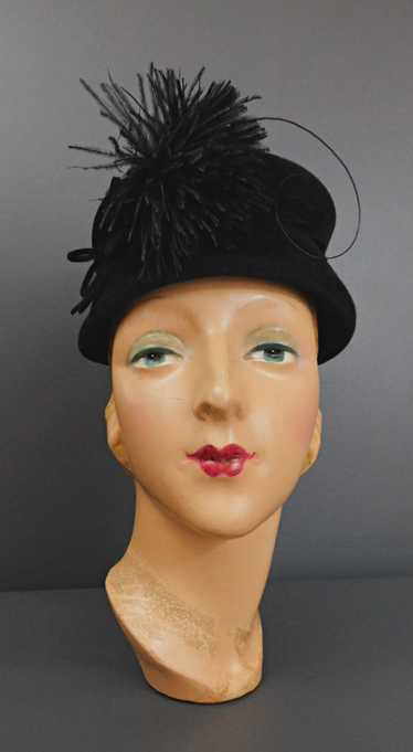 Vintage Black Velour Hat with Felt Bow and Feather