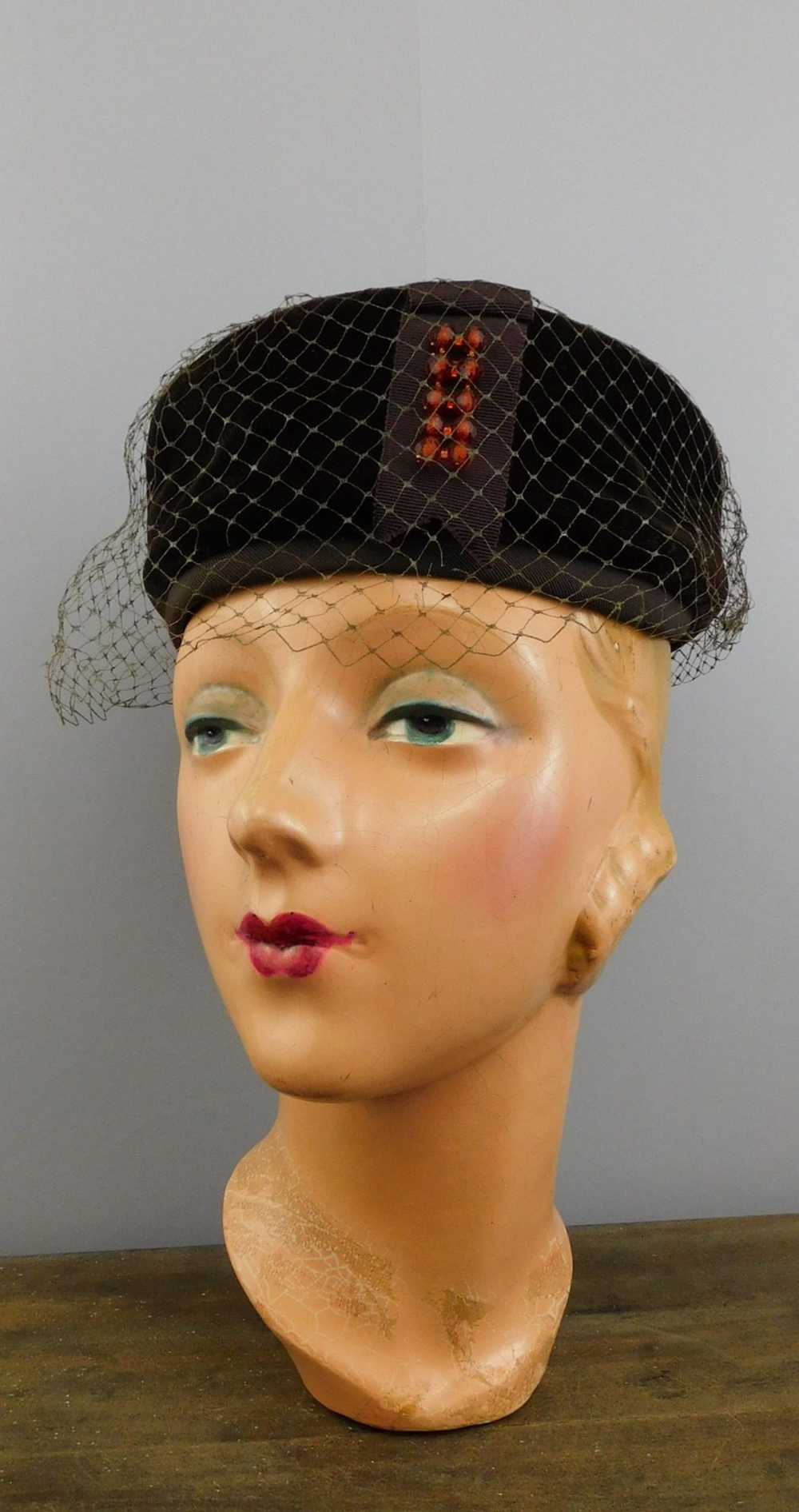 Vintage Brown velvet Hat with Beads and Veil, 196… - image 1