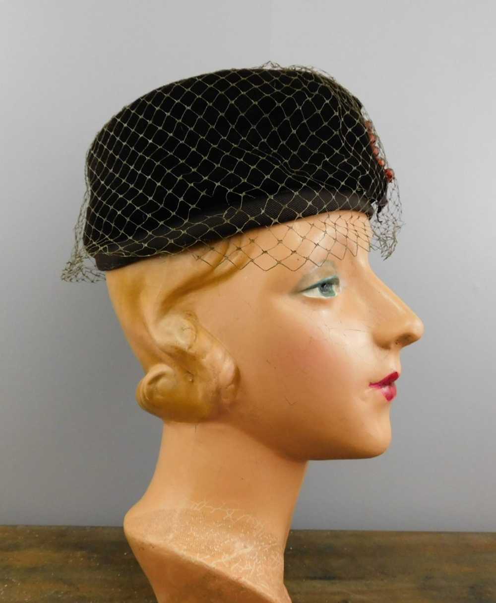 Vintage Brown velvet Hat with Beads and Veil, 196… - image 3