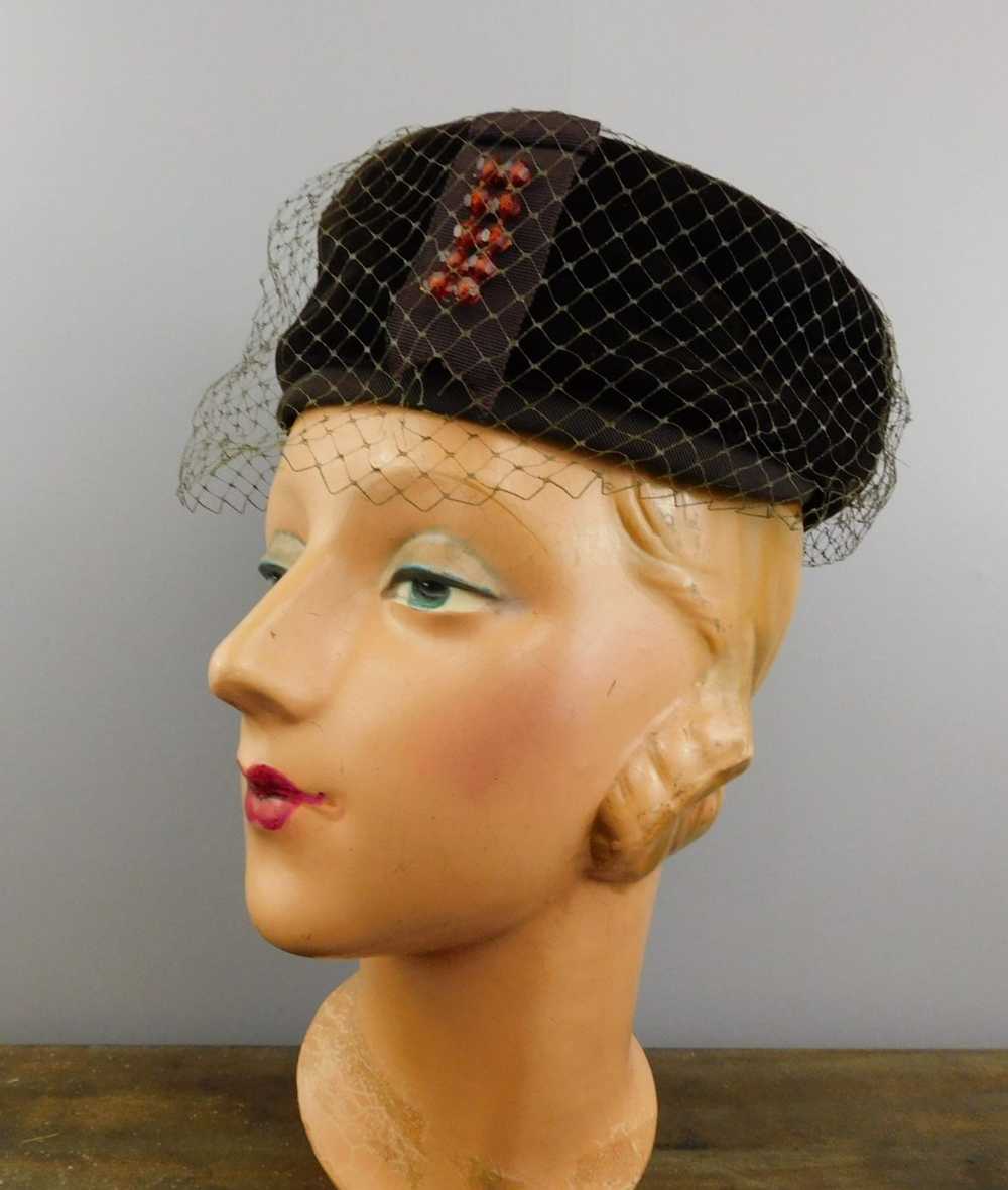Vintage Brown velvet Hat with Beads and Veil, 196… - image 5