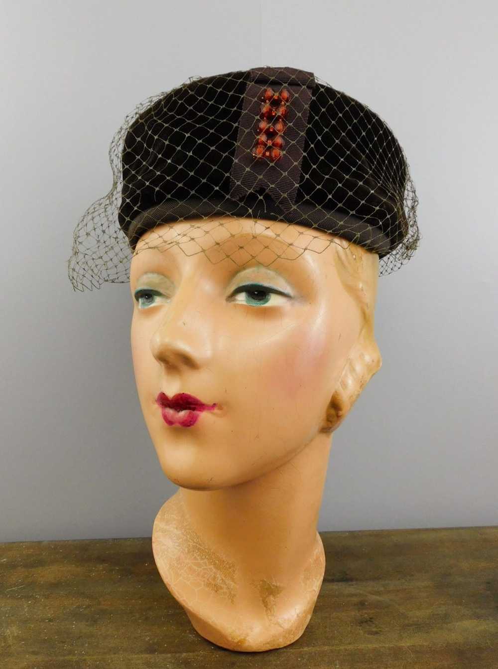 Vintage Brown velvet Hat with Beads and Veil, 196… - image 6
