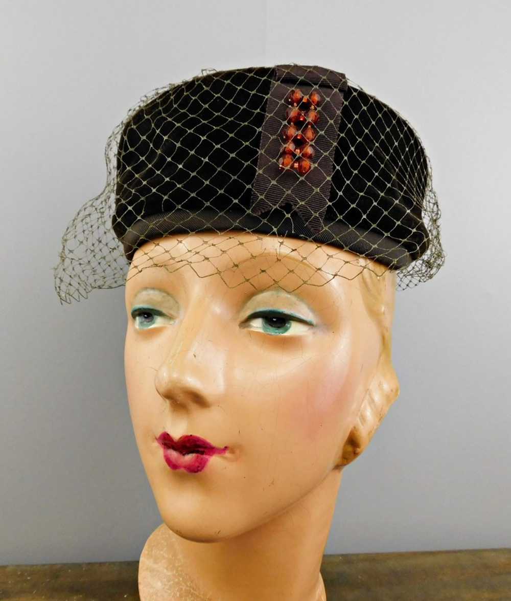 Vintage Brown velvet Hat with Beads and Veil, 196… - image 7