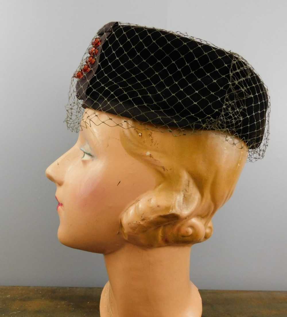 Vintage Brown velvet Hat with Beads and Veil, 196… - image 8