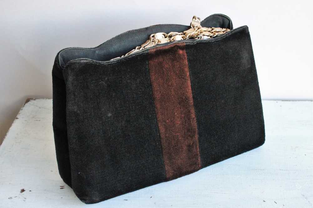 Vintage 1970s Black and Brown Velvet Handbag - image 2
